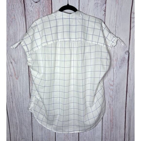 Madewell Central Tie-Sleeve Shirt in Windowpane White Blue Raglan Sleeve Size M - Picture 2 of 10